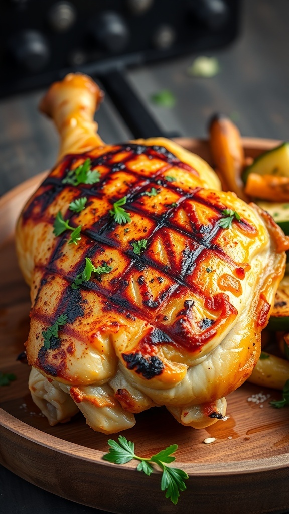 Grilled chicken thigh with crispy skin on a wooden plate with grilled vegetables.